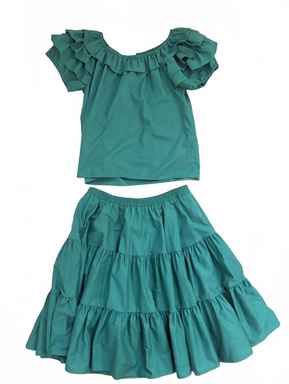 Partners Please | VINTAGE 2 Piece Teal Ruffle Shirt Tiered Skirt Set Size L